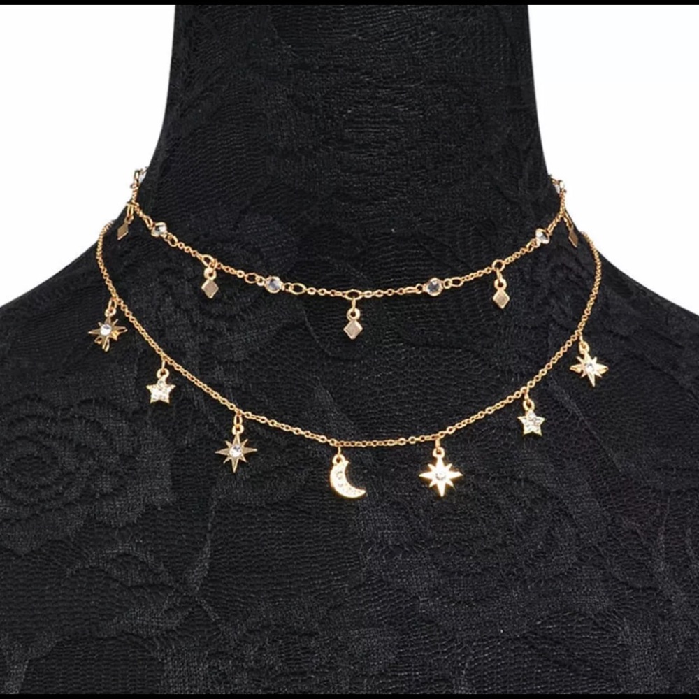 Double Layer Elegant Moon & Star Crystal Necklace - Picture 2 of 3